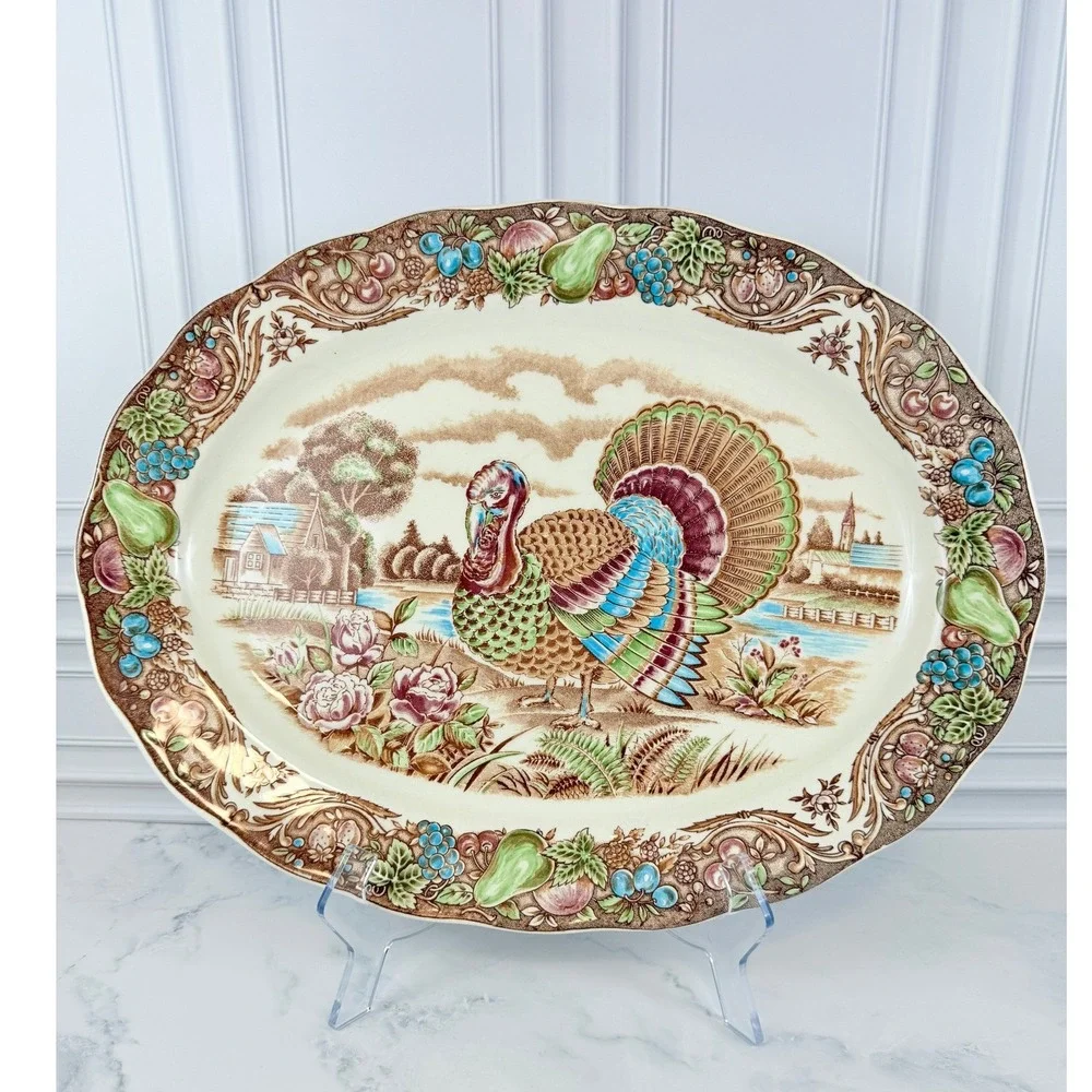 VTG SM Japan Large Turkey Transferware Platter Brown Multicolor 18